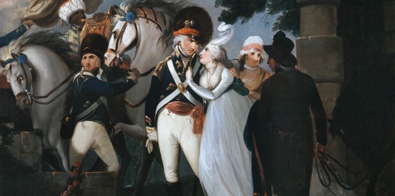A painting in which an 18th Century army officer walks away from the battle with his wife, wearing a white dress.