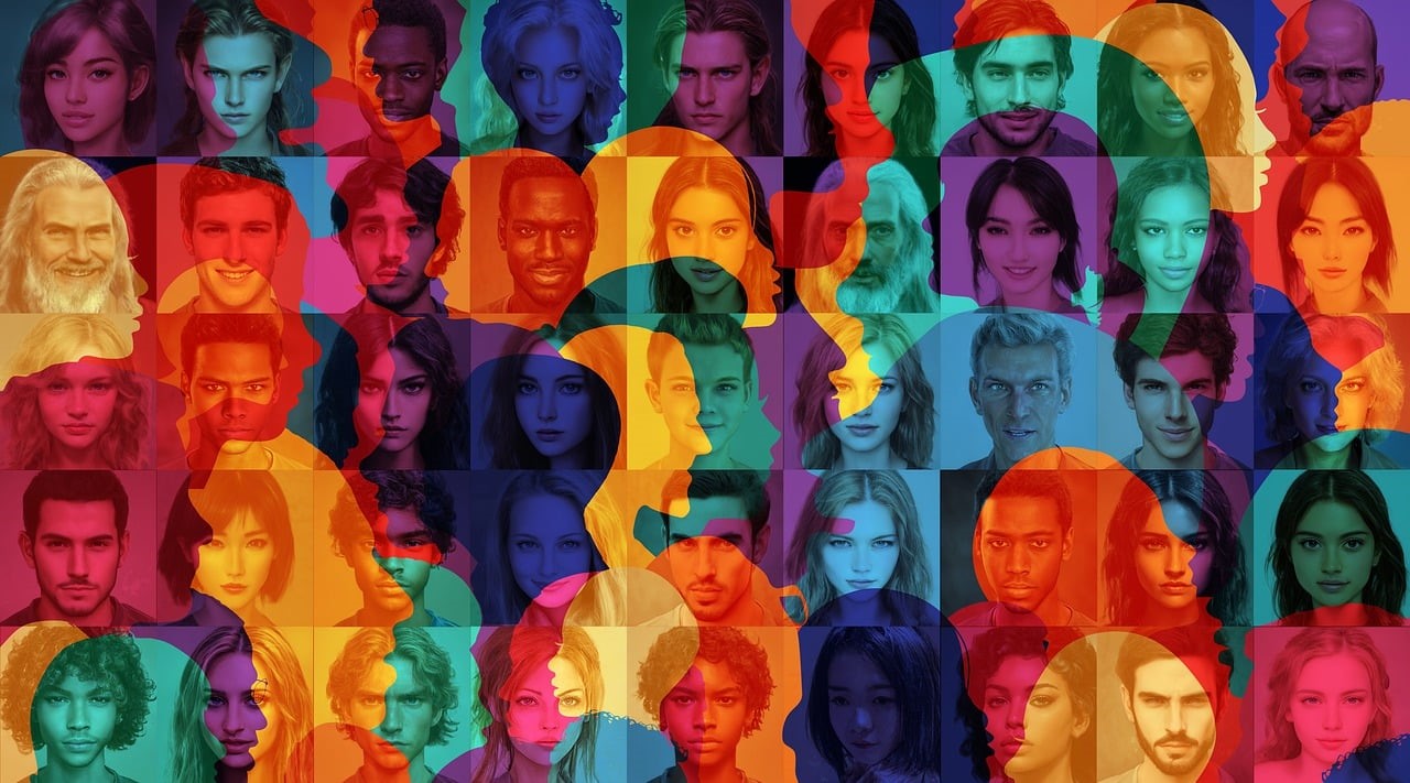The photo represents diversity, as it is made up of over 30 portraits with different colours overlaying them.