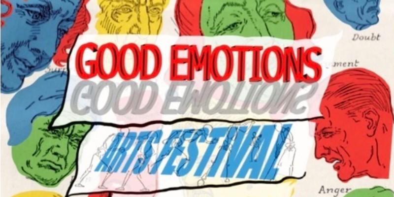 Drawings of heads showing emotions with artwork of the words &#039;Good Emotions Arts Festival&#039;