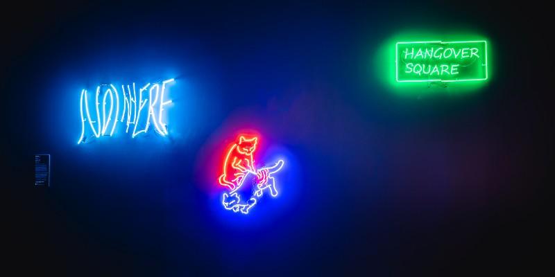 Three neon sculptures by artist Hang Zhang mounted on a gallery wall. From left to light, blue neon sculpture of the work ;Nowhere' red and blue neon sculpture of a cat tattooing a cat, green neon sculpture with the words 'Hangover Square'.