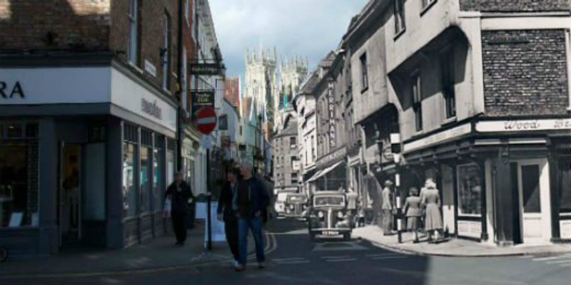 A black and white image of an old York street juxtaposed onto a colour photo of modern day York with York Minster in the background.