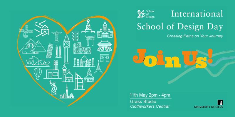 Poster set across green background with infographic promoting International School of Design Day 2022. Icons on infographic depict global international landmarks.