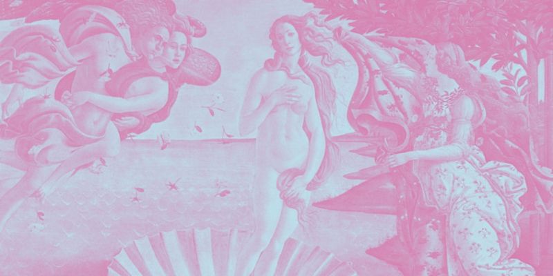 Faded pink and purple version of "The birth of Venus by Botticelli"