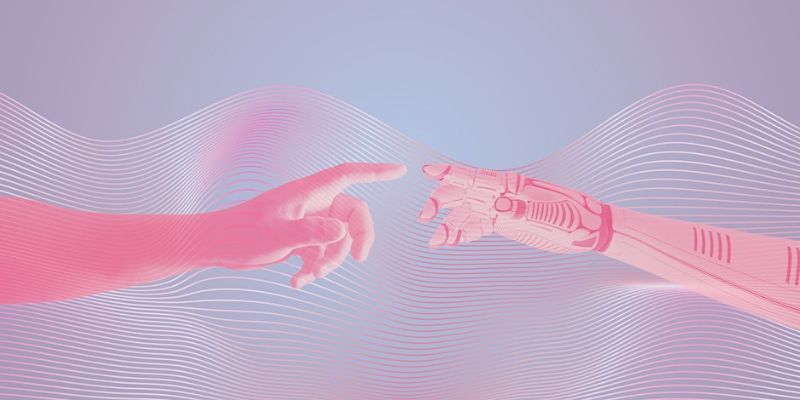 A graphic image of a human and robot arm reaching out to one another about to touch fingertips.