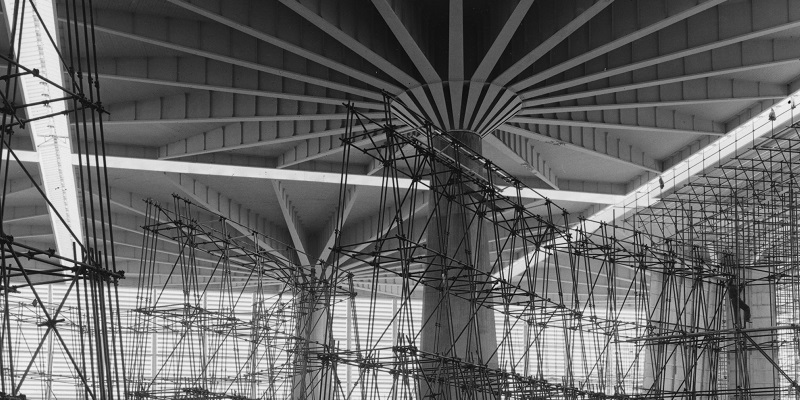 Black and white image of geometrical shapes building interior
