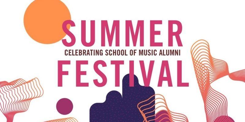Poster for UoL Concert Series Summer Festival 2022. There are various purple and orange graphics on a white background with 'Summer Festival' written in large pink letters on the top.