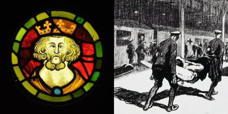 Composite image with stained glass window (left) an stretcher bearers at a train station during world war one (right)