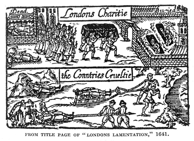 Woodcut showing burial of bodies in London and in the countryside in 1641.
