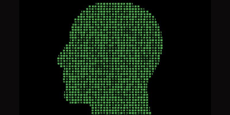 image of a head profile created using green binary code numbers with a black background