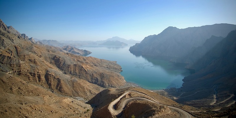 Mountains and river with blue sky in Khasab