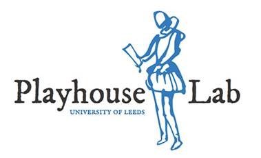 The Playhouse Lab logo. It says "Playhouse Lab, University of Leeds". In between the two main words is an illustrative outline of a theatre performer wearing a ruff and pumpkin breaches, holding a script.