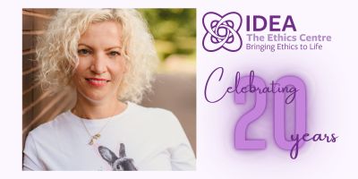 photo of Heather Widdows to the left, IDEA logo and Celebrating 20 years to the right