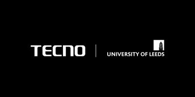Black background with the TECNO logo on the left and the University of Leeds logo on the right. Both logos in white.