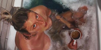 Detail from a self portrait oil painting by Abigail McGourlay in the bath drinking tea