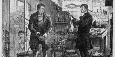 A black and white etched illustration of a man bartering for two chickens with the owner of a shop.