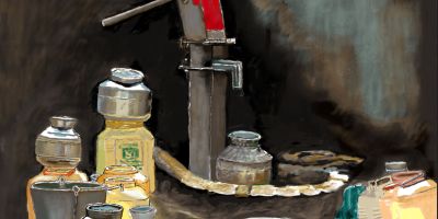 A painting of water pumps and containers