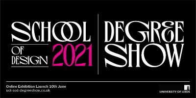 Design Degree Show 2021 poster featuring a black backdrop and large, thin white and pink font