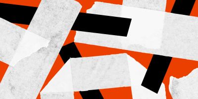 Orange background with design of strips of tape in white and black