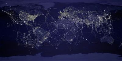 Abstract digital image of dark blue world map with interconnecting lines