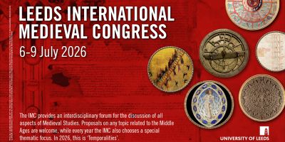 IMC 2026 postcard. Red background with medieval images in roundels