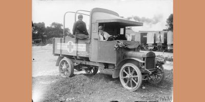 Two Women British Red Cross Society, Voluntary Aid Detachment (VAD) ambulance drivers. The vehicle is from the Yorkshire Mine Workers' Convoy