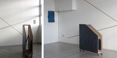 Two installation photos showing artworks by Moyra Derby.