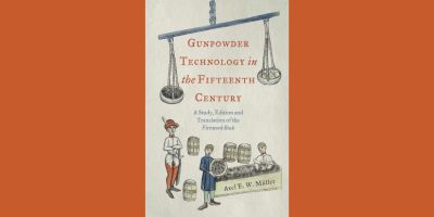 Book cover with medieval illustrations of people weighing gunpowder into barrells