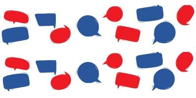 Speech bubbles in red and blue on a white background
