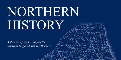 A blue background with part of an antique map showing Northumberland. Text reads: Northern History A Review of the History of the North of England and the Borders