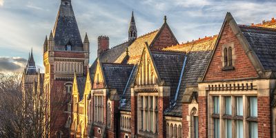 Campus roofs and eaves in golden hour