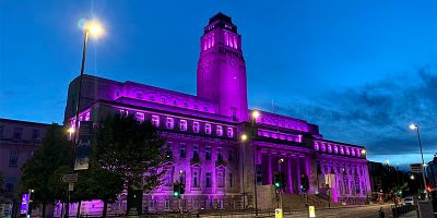 Parkinson Building lit up in purple to express support for the #BlackLivesMatter movement in the fight against racism.