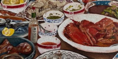 Cropped image of an oil painting depicting a table of Chinese dishes.