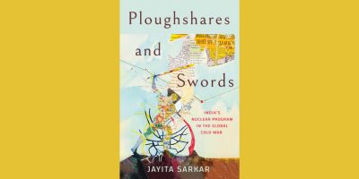 The cover for Ploughshares and Swords on a yellow backgrround