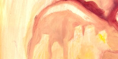 A cropped painting of an abstracted figure that is turned away but looking towards you. The painting has a yellow background, the figure is orange with red hair and shapes are carved into the figures back, revealing the background colour.