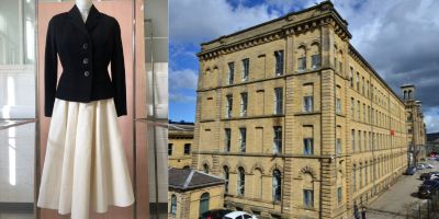 A 1950 wool Barathea jacket on a mannekin, left, and a picture of Salts Mill, Saltaire.
Images via Yorkshire Fashion Archive and Flickr/paulmccoubrie