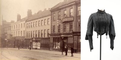 Lower Briggate, Leeds, in 1880, featuring Frederic Forster's Leeds Mourning Warehouse, left, and a black bodice with long sleeves on a mannequin. 
Lower Briggate picture credit: Leeds Museums and Galleries