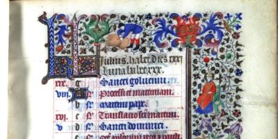 Part of the page of a medieval manuscript showing the saints days for July and a figure in the margin gathering wheat.