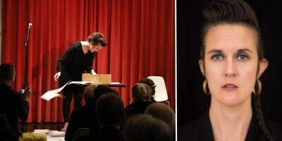 Two photos, side by side, of Kimberly Campanello. On the left during a performance, on the right a head shot.