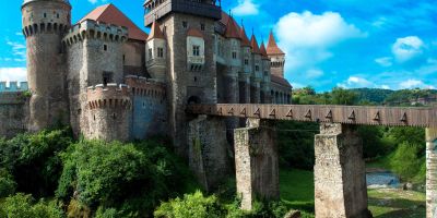 A Castle in Transylvania with bright blue skies in the background