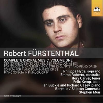 Robert Fürstenthal - CD by Dr Stephen Muir showing an image of Robert against a black background with white text detailing those involved in the project and the titles of songs.