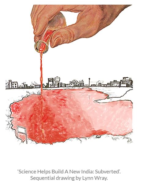 A drawing of a hand pouring a liquid onto an urban landscape