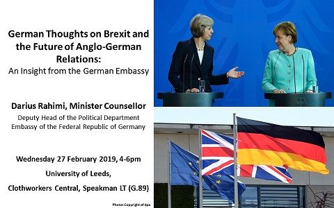 May and Merkel on poster advertising German thoughts on Brexit and the future
