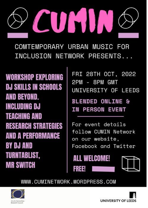 Poster with black background and pink and white text detailing the content of Contemporary Urban Music for Inclusion Network's workshop at the School of Music.
