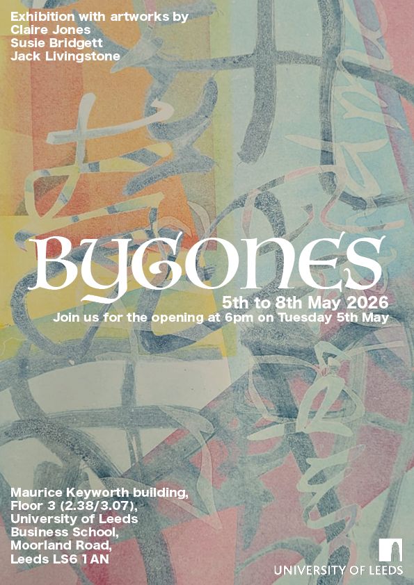 Bygones exhibition poster with screenprint as background