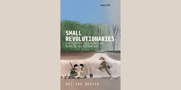 The cover of Small Revolutionaries by Maya Nguyen. A computer graphic of children in military uniform, treating each other's wounds, while a plane drops bombs.
