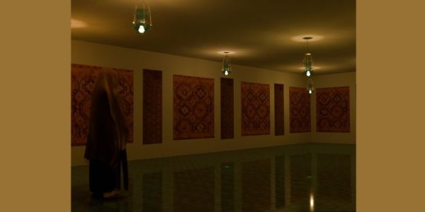 A dark room with Islamic tapestries on the wall and lamps hanging from the ceiling. A veiled woman stands to the left, facing an archway.