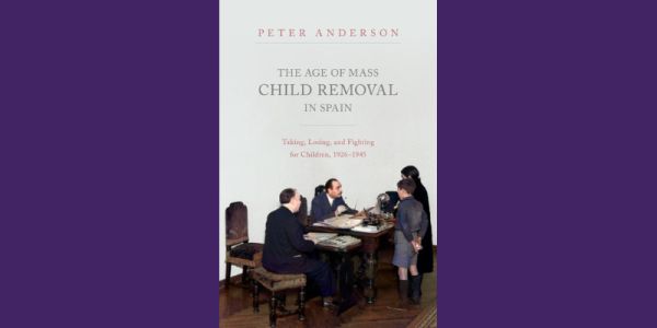 The cover of the Age of Mass Child Removal on a purple background. Cover shows children being questioned by an official.