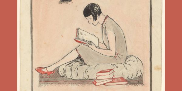 A 1920s drawing of a women with  bobbed hair and red shoes sat on the floor reading