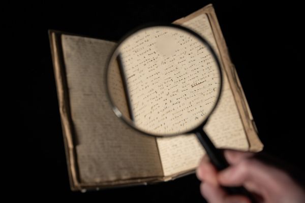 Picture of magnifying glass inspecting a book