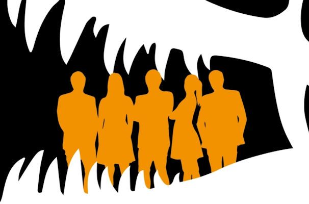 silhouette of a group of people in orange